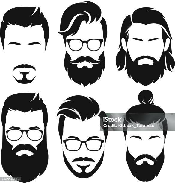 Ilustración de Colección De Caras De Hombres De Hipsters y más Vectores Libres de Derechos de Barba - Pelo facial - Barba - Pelo facial, Hombres, Cara humana