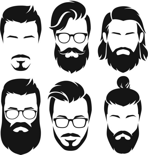 Hipsters men faces collection. Set of  silhouette bearded men faces hipsters style with different haircuts. beard stock illustrations