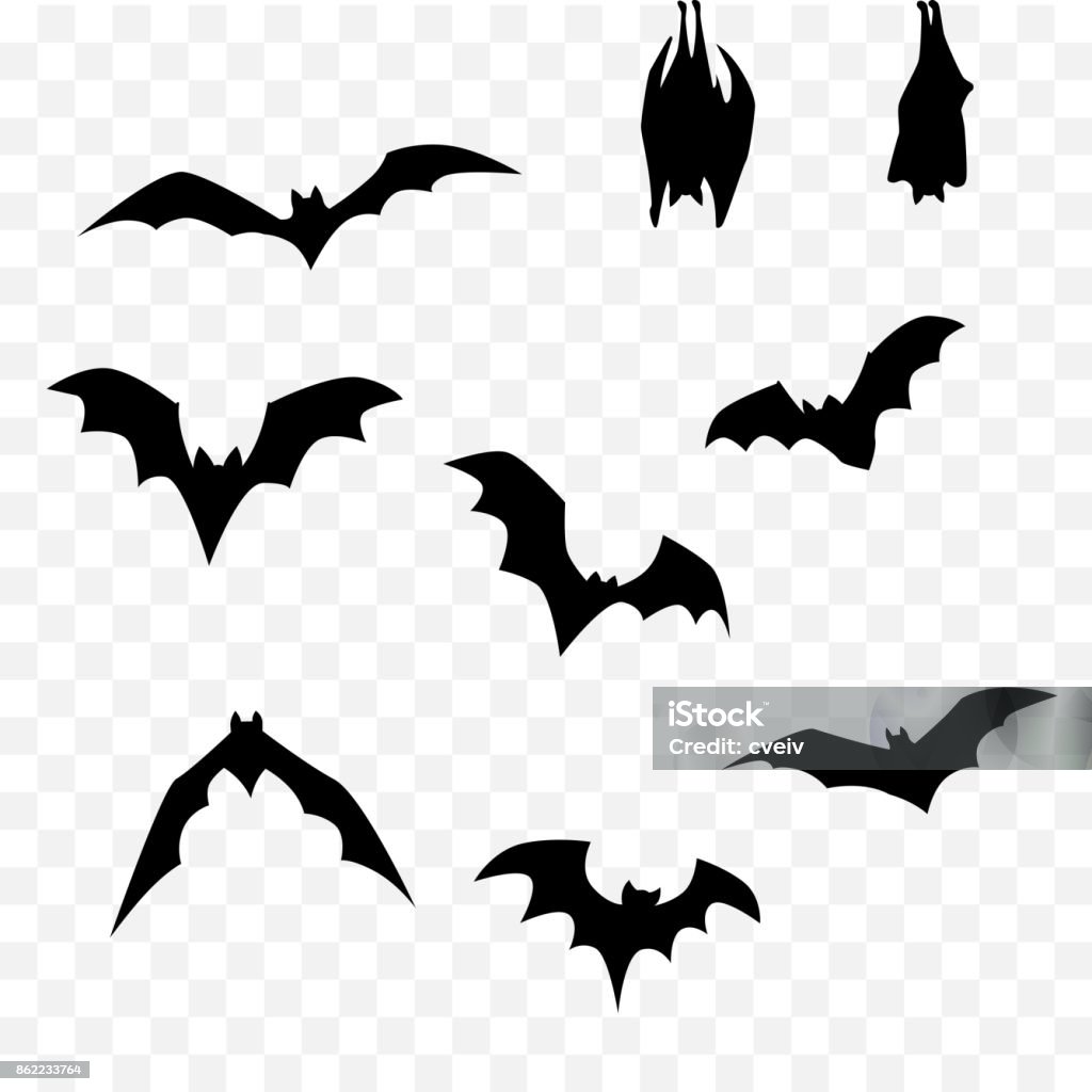 halloween bat set isolated black silhouette halloween bat set Bat - Animal stock vector