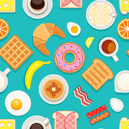 Breakfast seamless texture. Different meals and drinks colored on blue background. Vector cartoon style illustration breakfast food, coffee drink and dessert cake