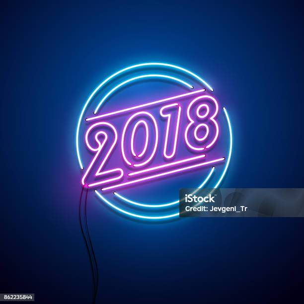 New Year 2018 Neon Sign Stock Illustration - Download Image Now - 2018, Abstract, Bright