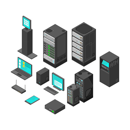 Isometric technology and banking icons. Flat vector illustration. Computer and laptop with system hardware networking