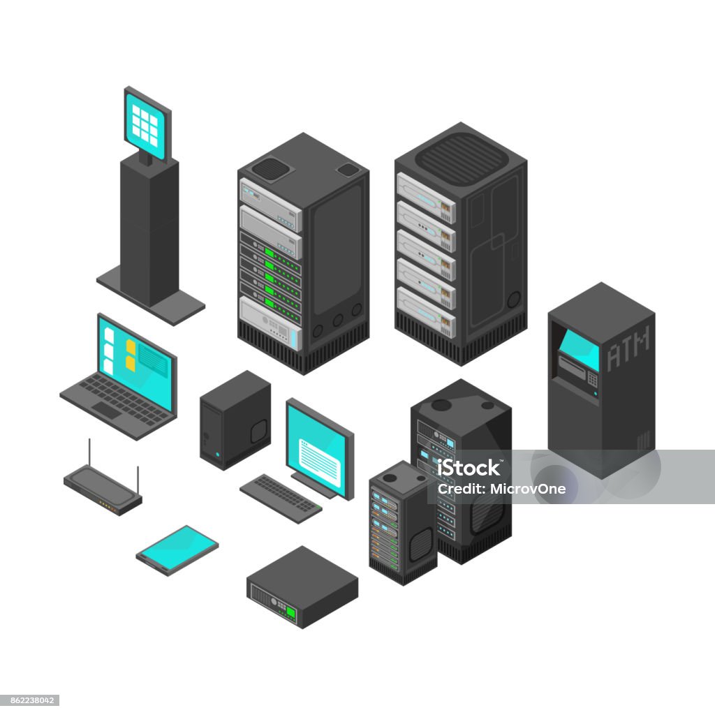 Isometric technology and banking icons. Flat vector illustration Isometric technology and banking icons. Flat vector illustration. Computer and laptop with system hardware networking Network Server stock vector