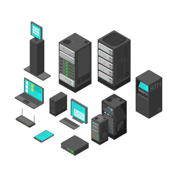 Vector illustration of Isometric technology and banking icons. Flat vector illustration