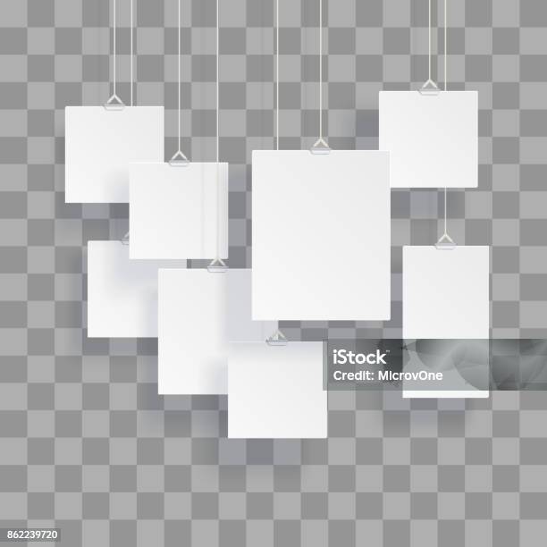 Blank Hanging Photo Frames Or Poster Templates Isolated On Transparent Background Stock Illustration - Download Image Now