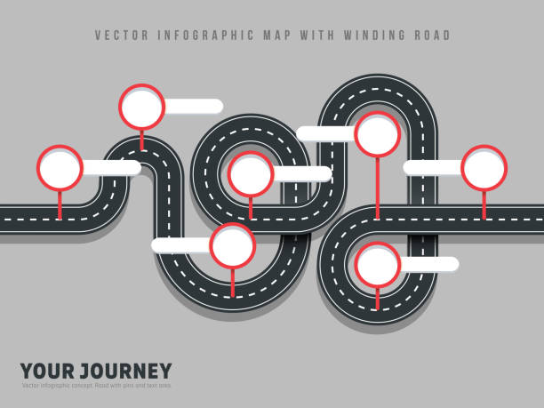 illustrations, cliparts, dessins animés et icônes de navigation route vector façon carte infographique de bobinage sur fond gris - meandering road