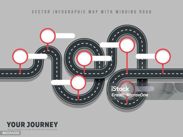 Navigation Winding Road Vector Way Map Infographic On Grey Background Stock Illustration - Download Image Now