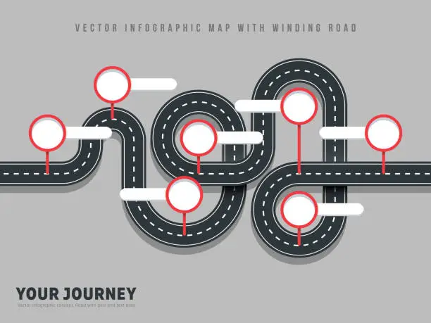 Vector illustration of Navigation winding road vector way map infographic on grey background
