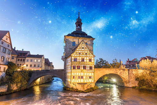 Old half-timbered townhall in Bamberg Germany at night