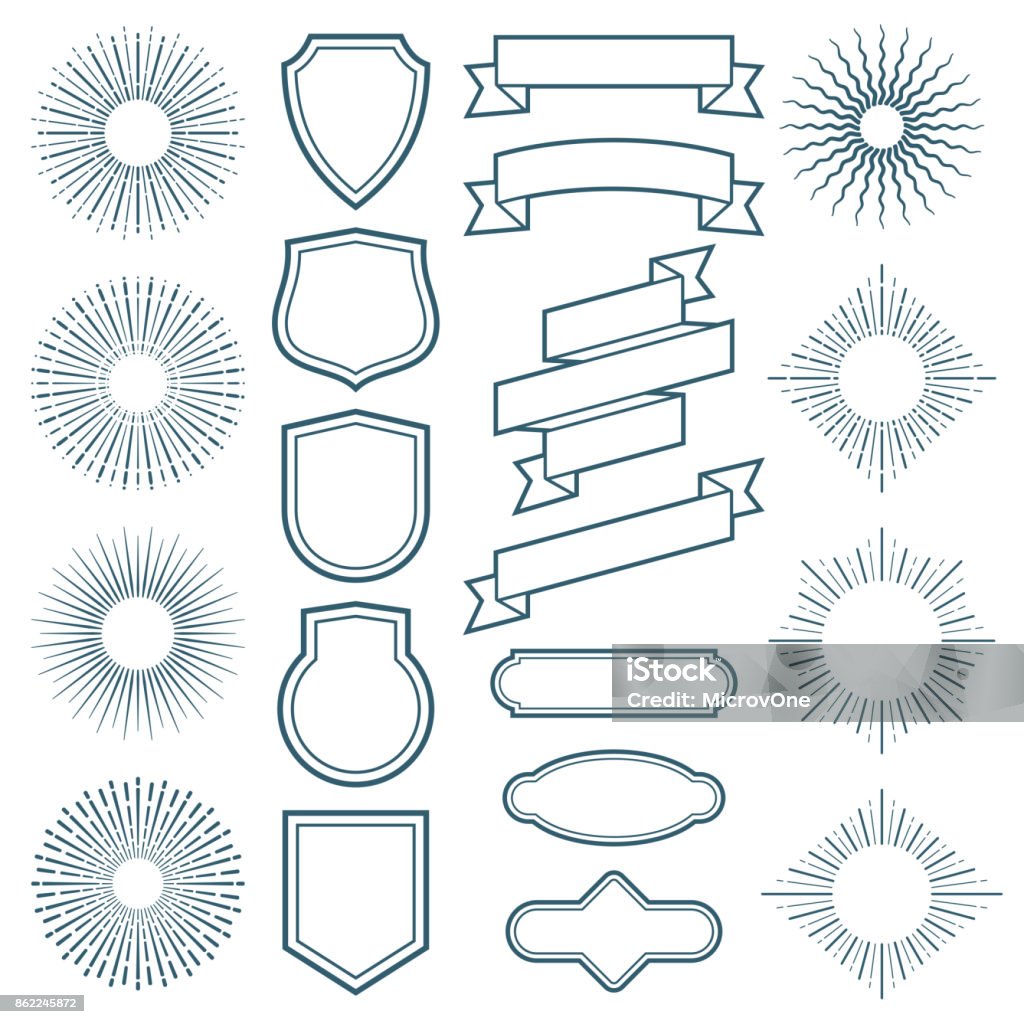 Vintage sunburst frames, ribbon banners and labels vector elements in art deco style Vintage sunburst frames, ribbon banners and labels vector elements in art deco style. Sunburst and ribbon badge label, vintage ray frame illustration Badge stock vector