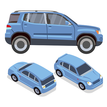 Vector flat-style cars in different views. Blue suv. Car transport blue automobile illustration