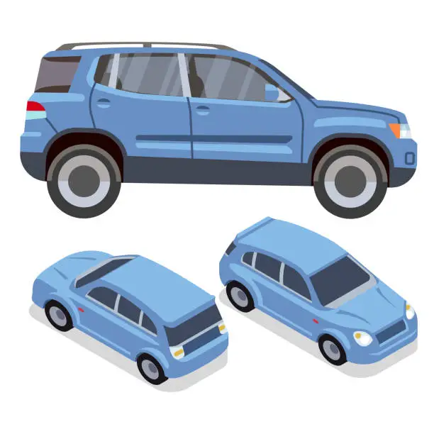 Vector illustration of Vector flat-style cars in different views. Blue suv
