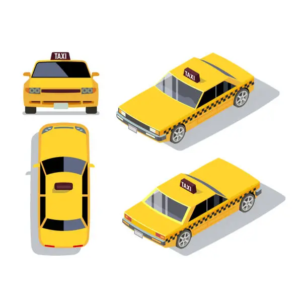 Vector illustration of Vector flat-style cars in different views. Yellow isometric taxi