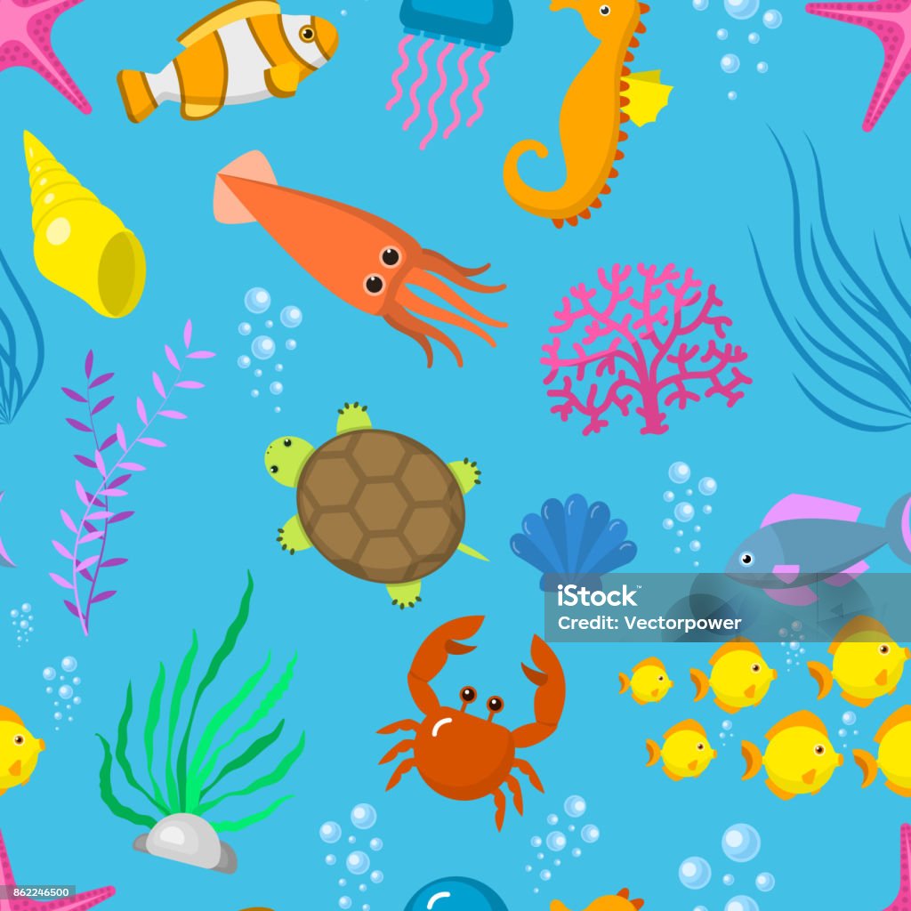 Set Aquatic Funny Sea Animals Vector Underwater Creatures Cartoon Characters  Shell Aquarium Sealife Seamless Pattern Background Stock Illustration -  Download Image Now - iStock