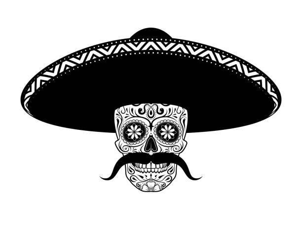 illustrazioni stock, clip art, cartoni animati e icone di tendenza di stencil teschio di zucchero in cappello con baffi - sombrero hat mexican culture isolated