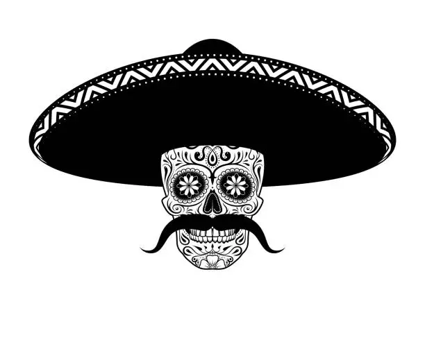 Vector illustration of Stencil Sugar skull in hat with a mustache