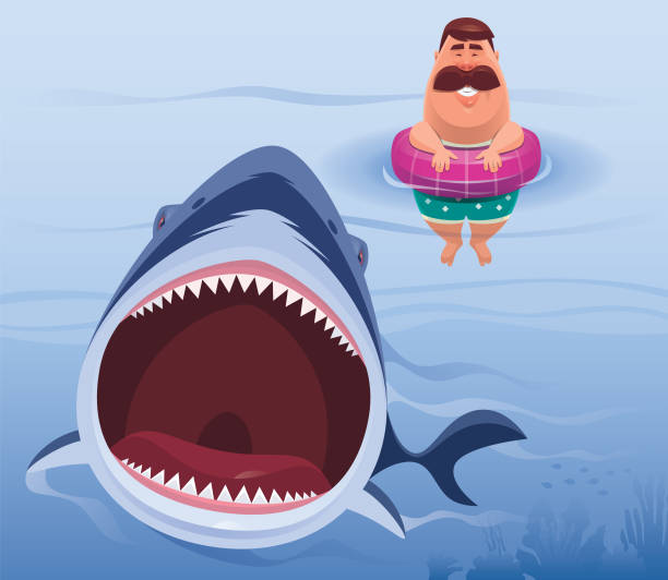 ilustrações, clipart, desenhos animados e ícones de homem atacando tubarão bravo - boia equipamento de desporto aquático