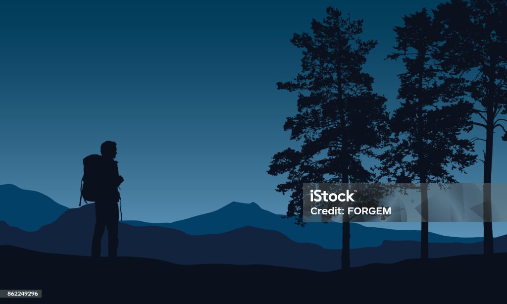 Ilustração em vetor realista de uma montanha de noite paisagem com árvores e turísticas em pé com uma mochila, com espaço para texto - Vetor de Abstrato royalty-free