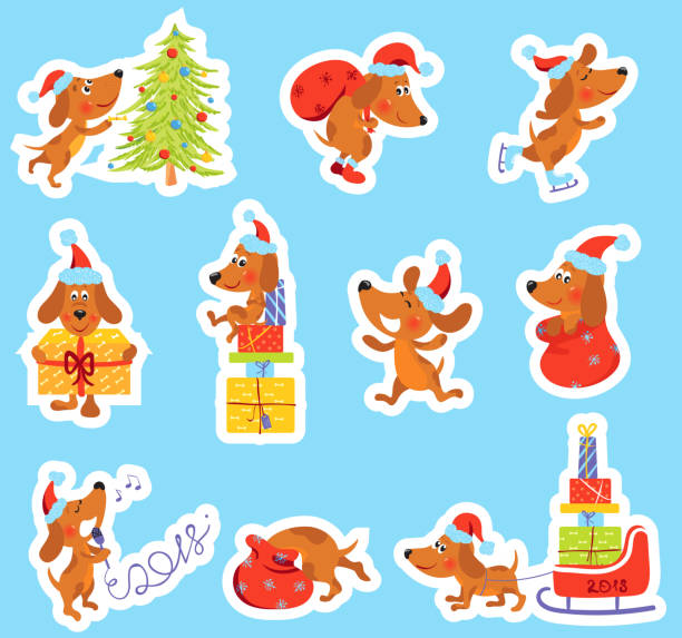 ilustrações, clipart, desenhos animados e ícones de conjunto de natal, ano novo adesivos com cachorro fofo - dog set humor happiness