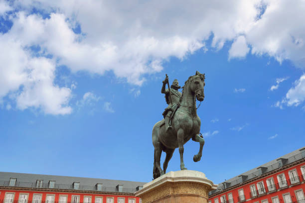 View of statue King Philips III on Plaza Mayor View of statue King Philips III on Plaza Mayor in Madrid, Spain prince phillip stock pictures, royalty-free photos & images
