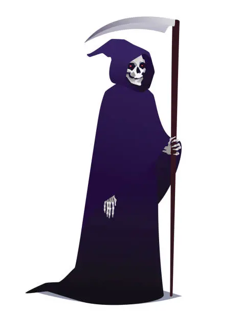 Vector illustration of Grim Reaper holding Scythe. Death character in dark robe with hood going for Costume party. Vector.