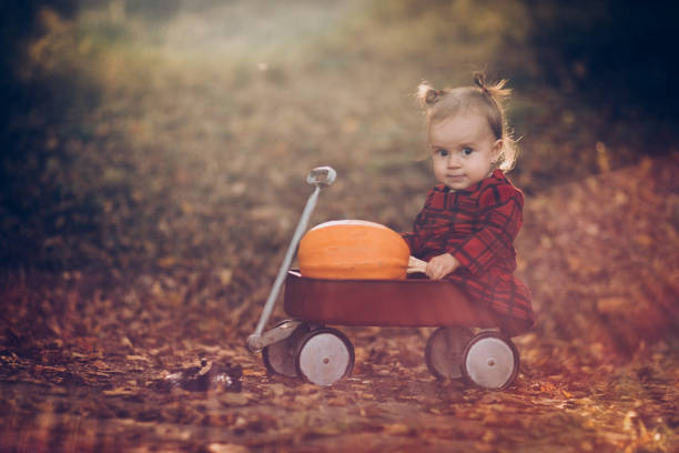 Happy little child playing in autumn
