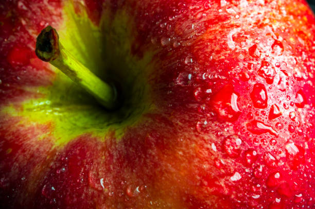 istock Water droplet on glossy surface of red apple on black background 862257310