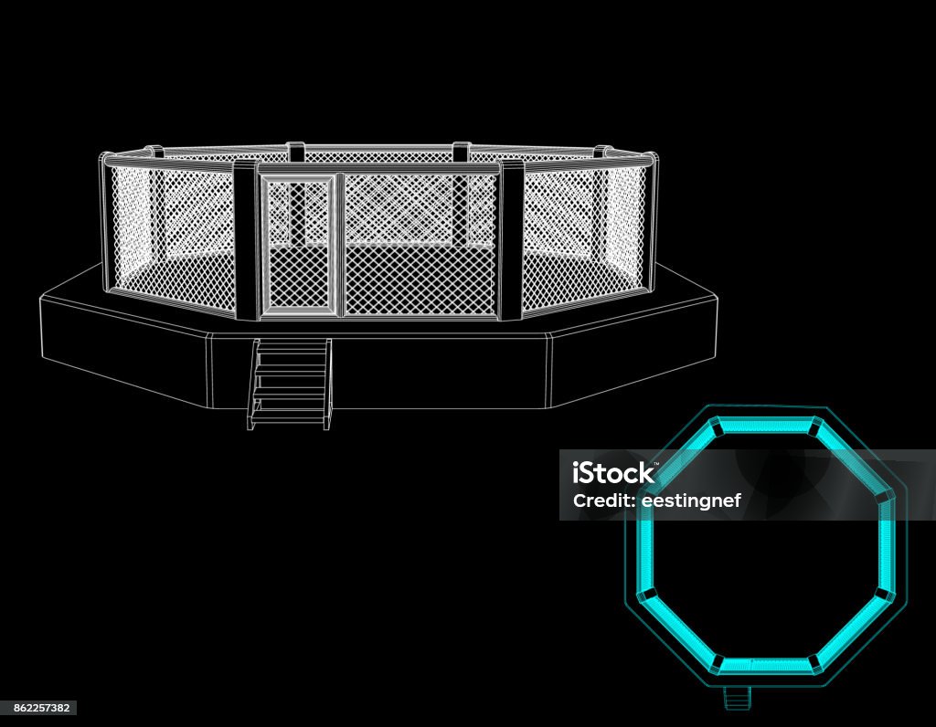 オクタゴン戦いケージ。黒の背景上に分離。ベクトルの概要図。 - 指輪のロイヤリティフリーベクトルアート