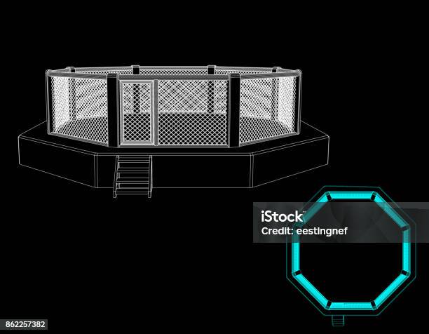 オクタゴン戦いケージ黒の背景上に分離ベクトルの概要図 - 指輪のベクターアート素材や画像を多数ご用意 - 指輪, 八角形, 戦う