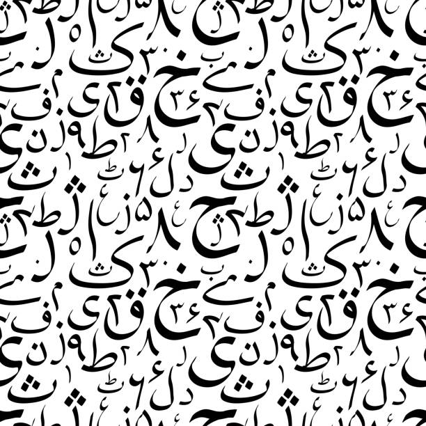 schwarze kalligraphie urdu alphabet buchstaben auf weißem, abstrakte nahtlose muster - arabeske stock-grafiken, -clipart, -cartoons und -symbole