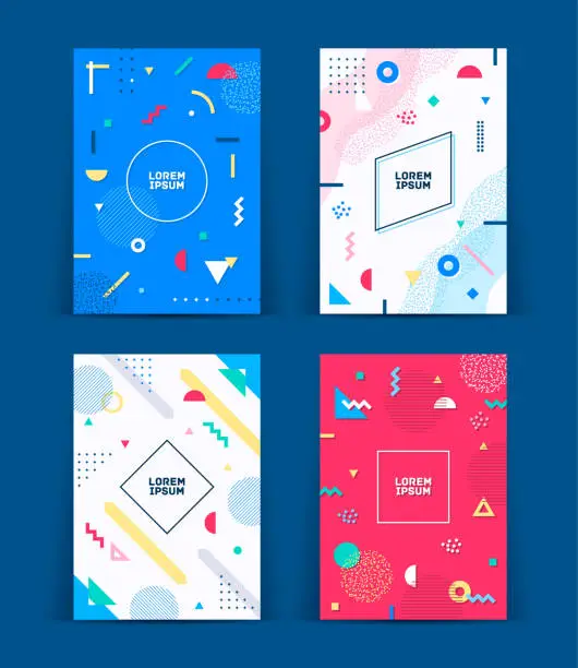 Vector illustration of Set of neo retro style covers. Collection of cool bright covers. Abstract shapes compositions. Vector