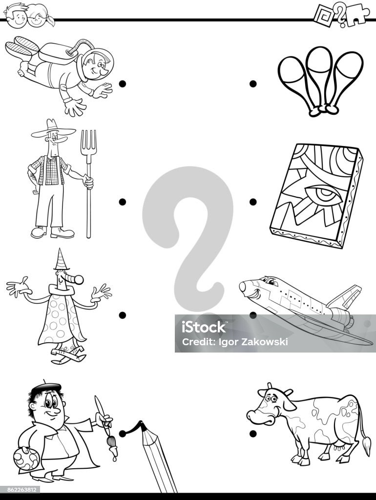 match people and objects coloring book Black and White Cartoon Illustration of Educational Pictures Matching Game for Children with Professional People Characters and Objects Coloring Book Adult stock vector