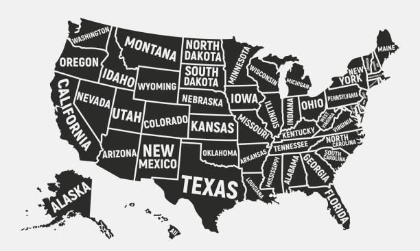 ilustrações de stock, clip art, desenhos animados e ícones de united states of america map. poster map of usa with state names. american background. vector illustration - kansas map design state