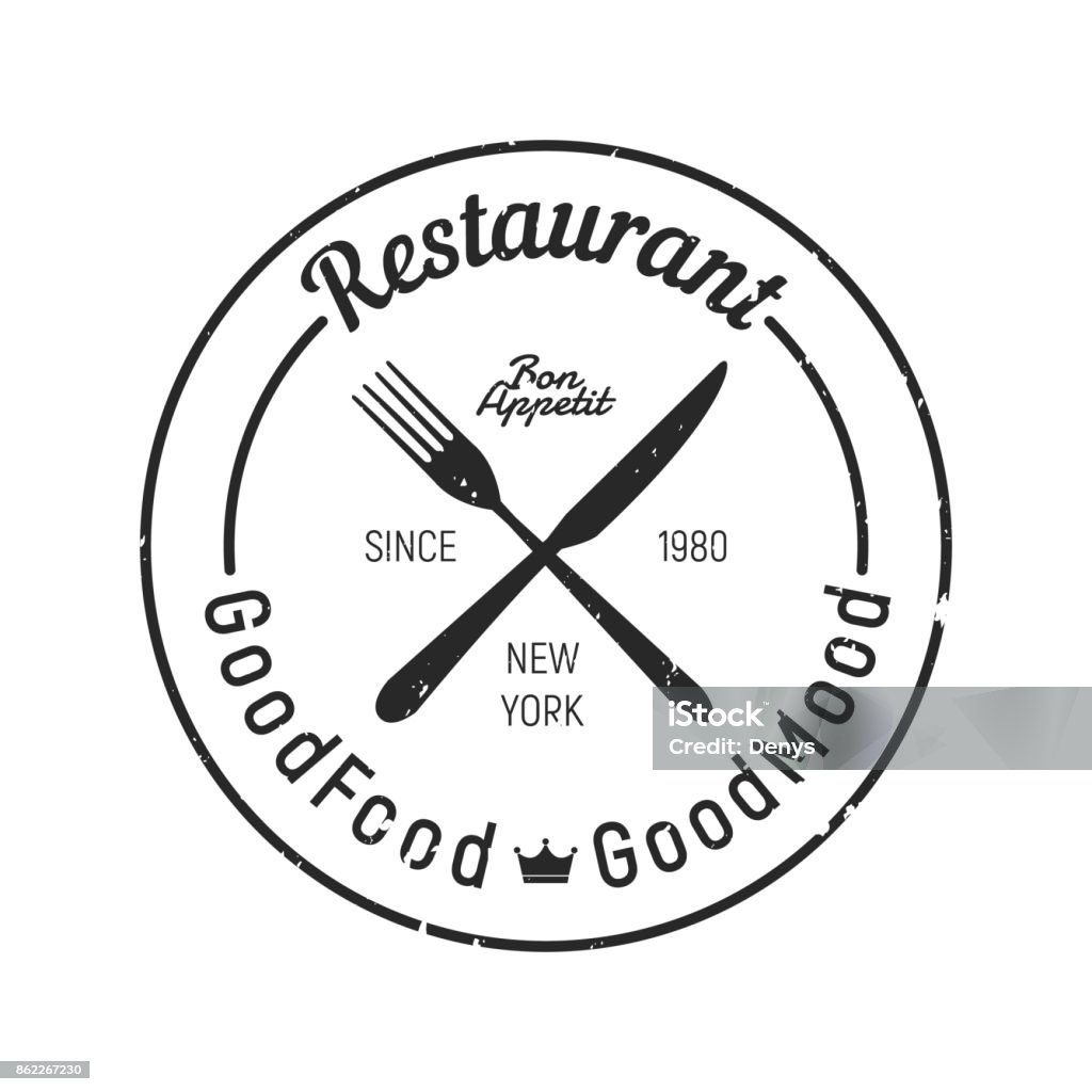 Vintage Restaurant logo - Fork, knife icon. Grunge texture Vector illustration Logo stock vector