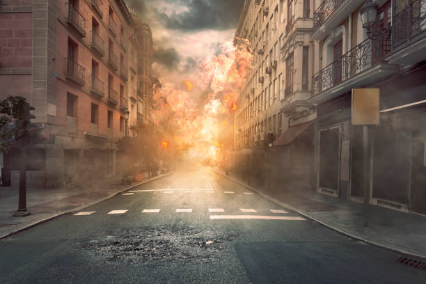 View of destruction city with fires and explosion View of destruction city with fires and explosion over dramatic sky background apocalypse photos stock pictures, royalty-free photos & images
