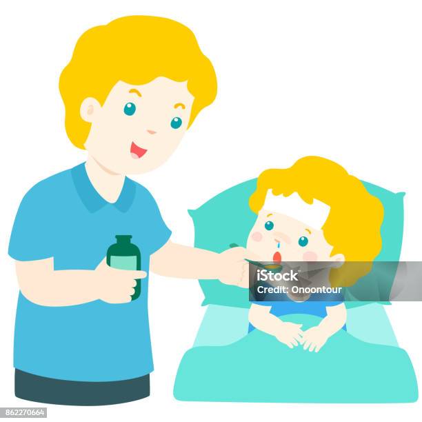 Father Giving Son Medicine Vector Illustration Stock Illustration - Download Image Now - Adult, Art, Bed - Furniture