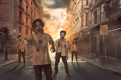 Group of asian scary zombies hang around on the street at destruction city