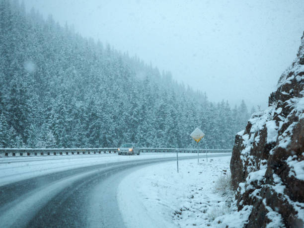 severe conditions on the road snow storm on highway to Ridgway, Telluride USA