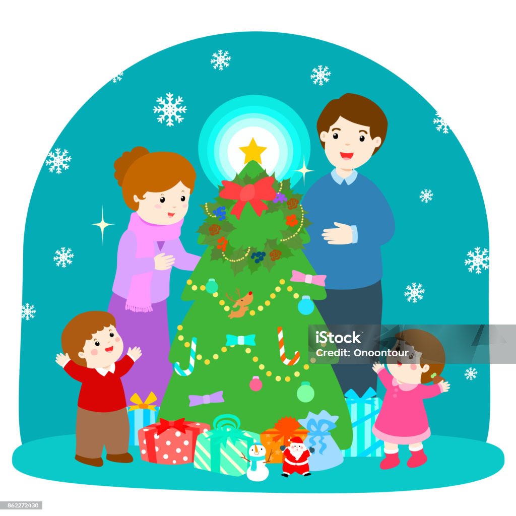 Ilustración de Ilustración De Vector De Dibujos Animados De Una Familia  Feliz En El Árbol De Navidad y más Vectores Libres de Derechos de  Acontecimiento - iStock