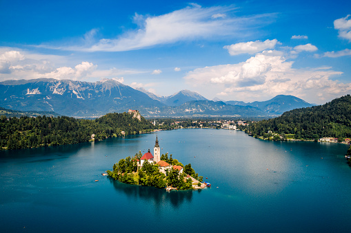 Slovenia - Aerial view resort Lake Bled. Aerial FPV drone photography.