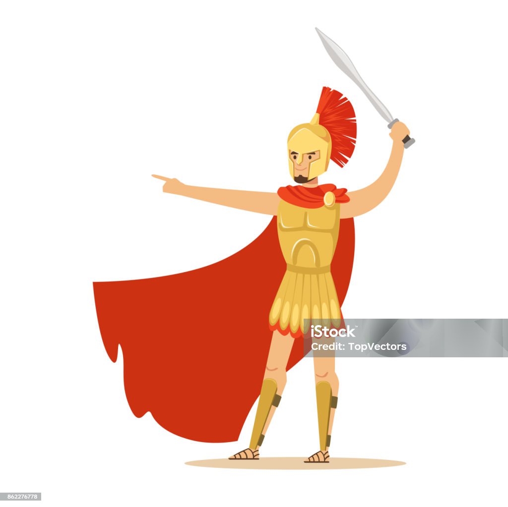 Ilustración de Guerrero Espartano En Armadura De Oro Y Capa Roja Gesticular Con La Espada Vector Ilustración De Soldado Griego y más Vectores Libres de Derechos de - iStock
