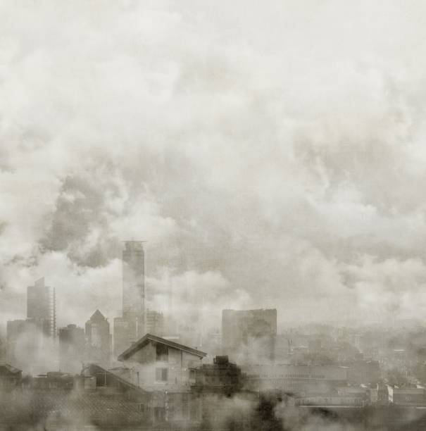 istock Black and white foggy city skyline. 862283596
