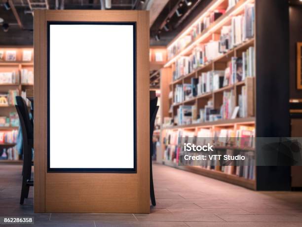 Mock Up Banner Blank Media Lightbox Bookstore Interior Background Stock Photo - Download Image Now