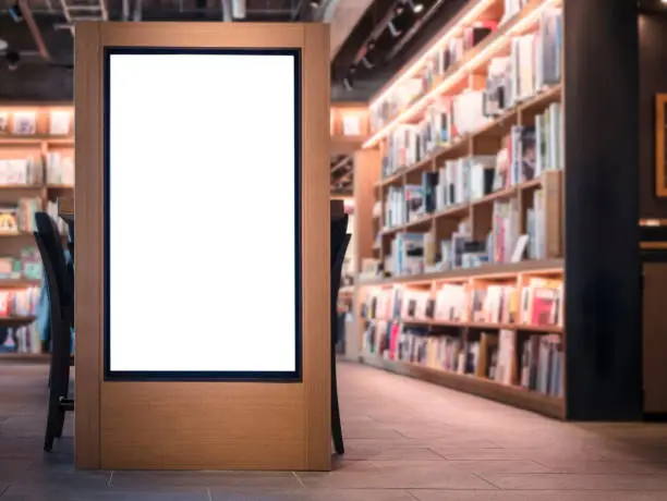 Photo of Mock up Banner Blank media Lightbox Bookstore interior Background