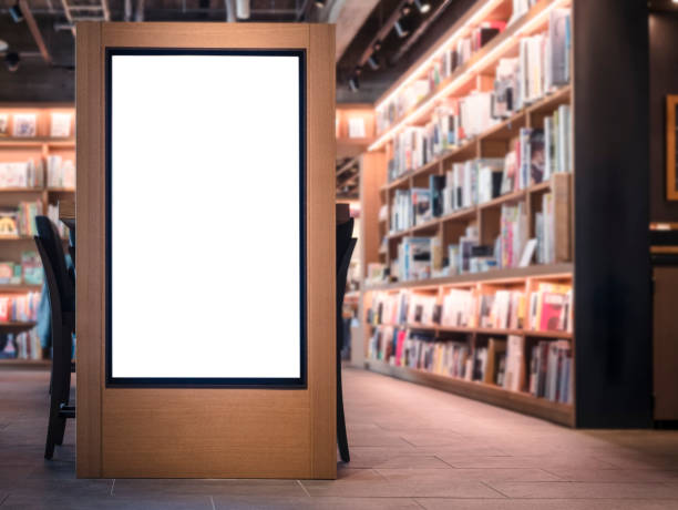 mock up баннер пустой сми lightbox книжный магазин интерьер фон - bookstore стоковые фото и изображения