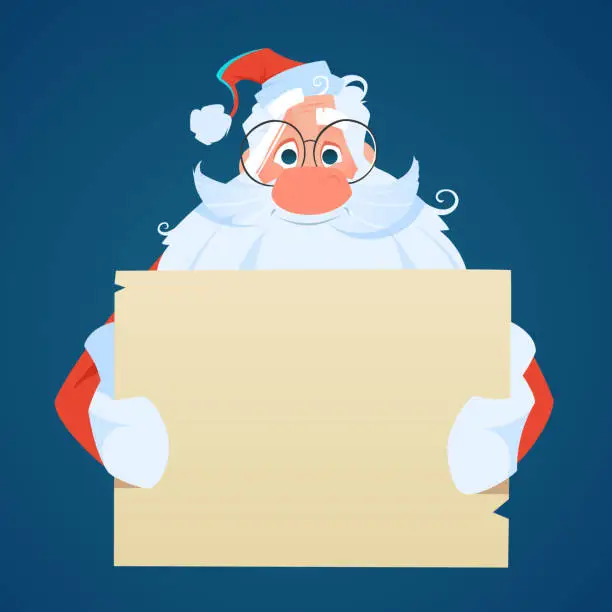 Vector illustration of Santa holding a big empty sheet of paper