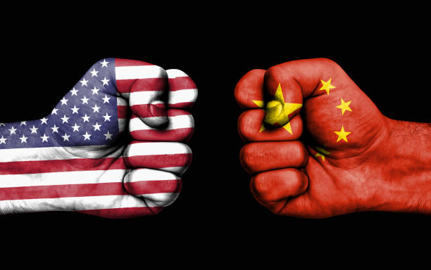 Conflict between USA and China - male fists Conflict between USA and China, male fists - governments conflict concept international match stock pictures, royalty-free photos & images
