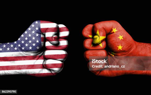Conflict Between Usa And China Male Fists Stock Photo - Download Image Now - China - East Asia, American Flag, Chinese Flag