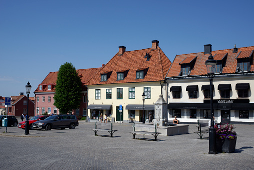 Visby Sweden - July 9, 2014 - Unidentified People in and housing on a street in Visby old town on the island of Gotland - Gotland is a Swedish island in the Baltic Sea, about 100 km from the Swedish mainland.