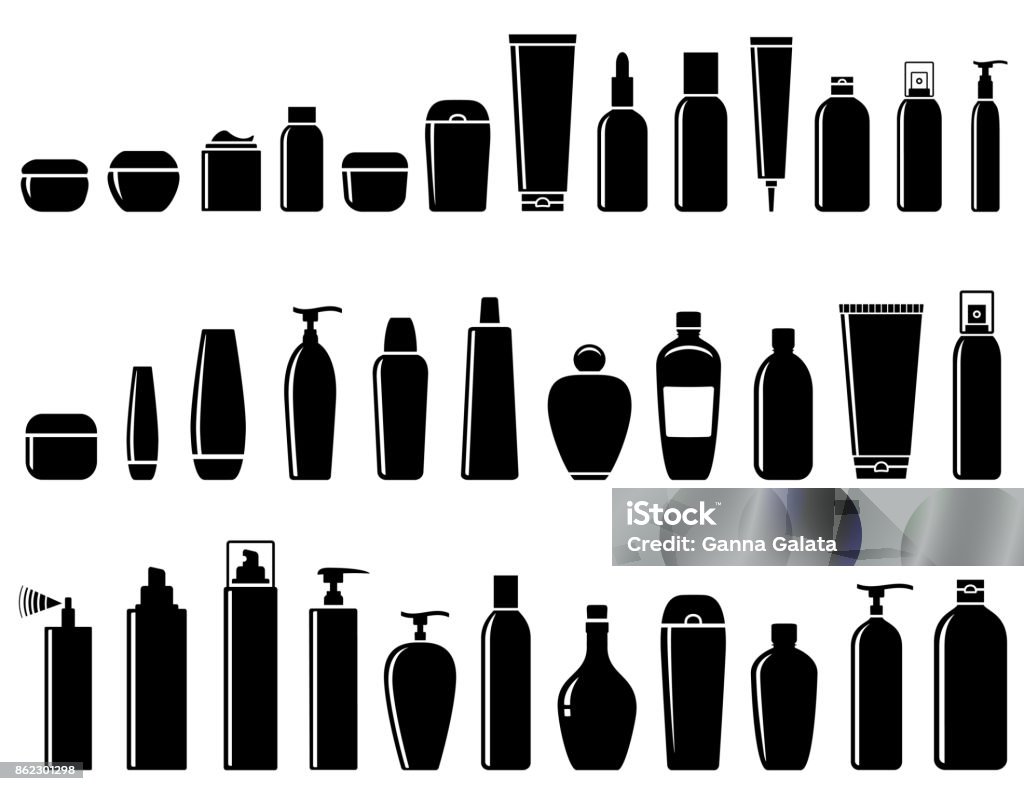 glossy cosmetic bottle set black glossy cosmetic bottle set on white background Icon Symbol stock vector